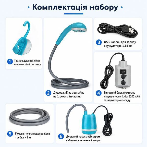 Портативний акумуляторний душ WD‑2X Blue, насос із фільтром, шланг 2 м С-00002 фото